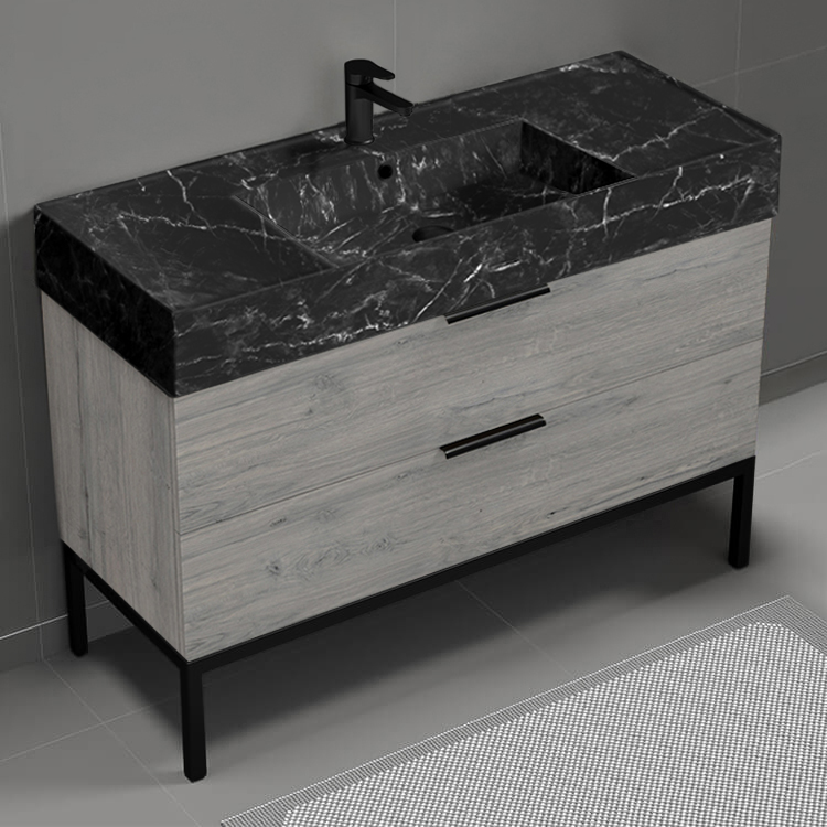 Nameeks DERIN932 Modern Bathroom Vanity With Black Marble Design Sink, Floor Standing, 48 Inch, Grey Oak